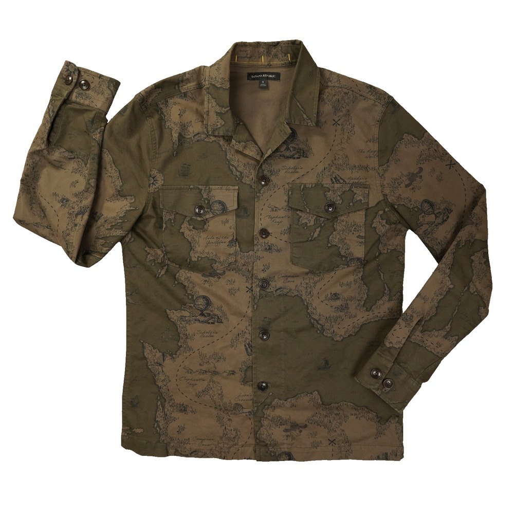 Banana Republic Heritage Map Print Shirt Mens Small Brown Shacket 858301